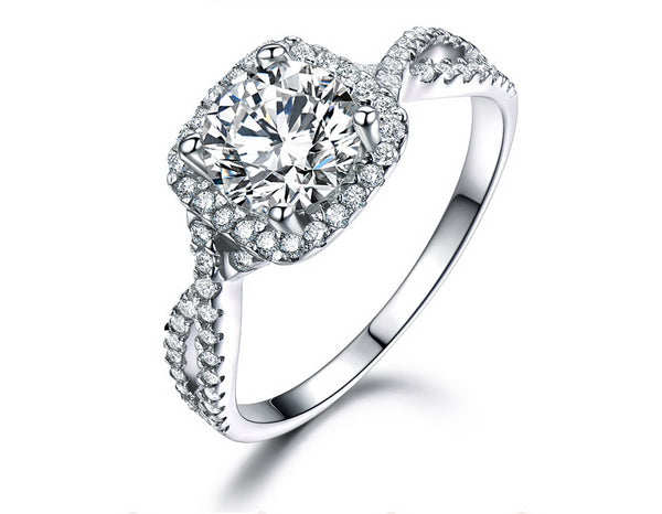 Round White Cubic Zirconia Halo Setting Sterling Silver Ring