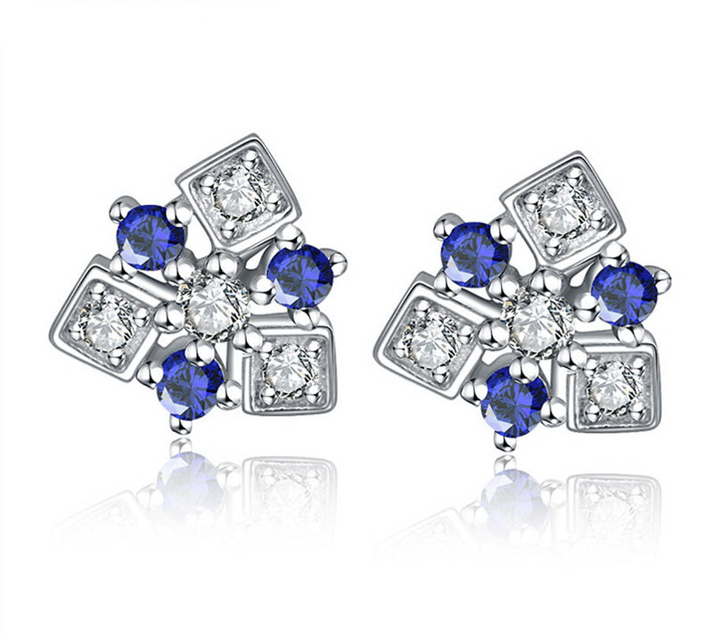 Triangular Shaped Blue and White Cubic Zirconia Earrings, Sterling Silver