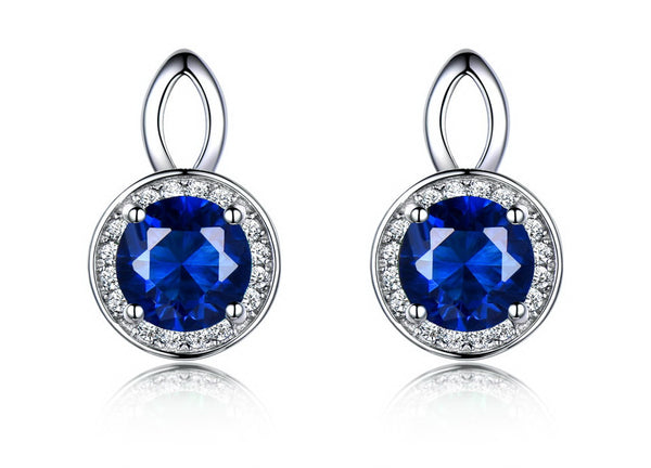 Round Sapphire Blue Cubic Zirconia with an Oval Design, Sterling Silver Earrings