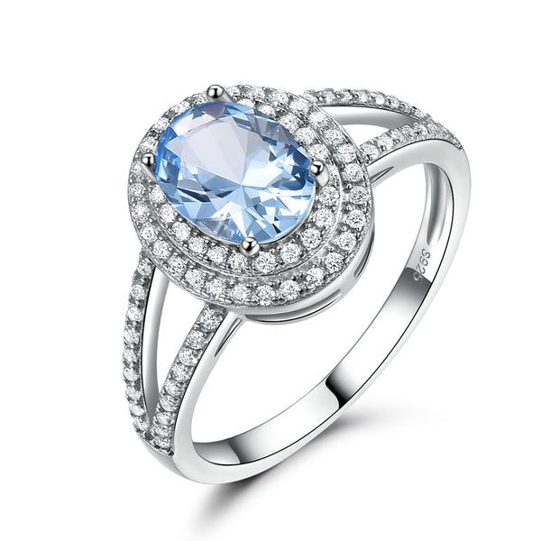 Oval Aquamarine Sky Blue Cubic Zirconia Double Halo Split Shank Sterling Silver Ring