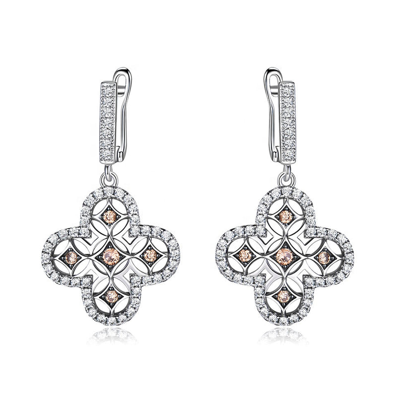 Clover Brown Champagne Clover Cubic Zirconia Sterling Silver Earrings