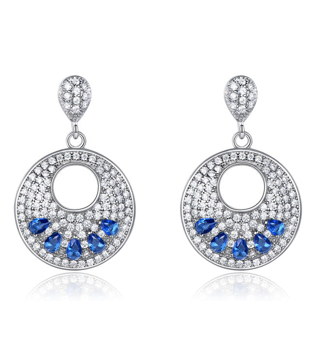 Circular Sapphire Blue Cubic Zirconia Sterling Silver Earrings