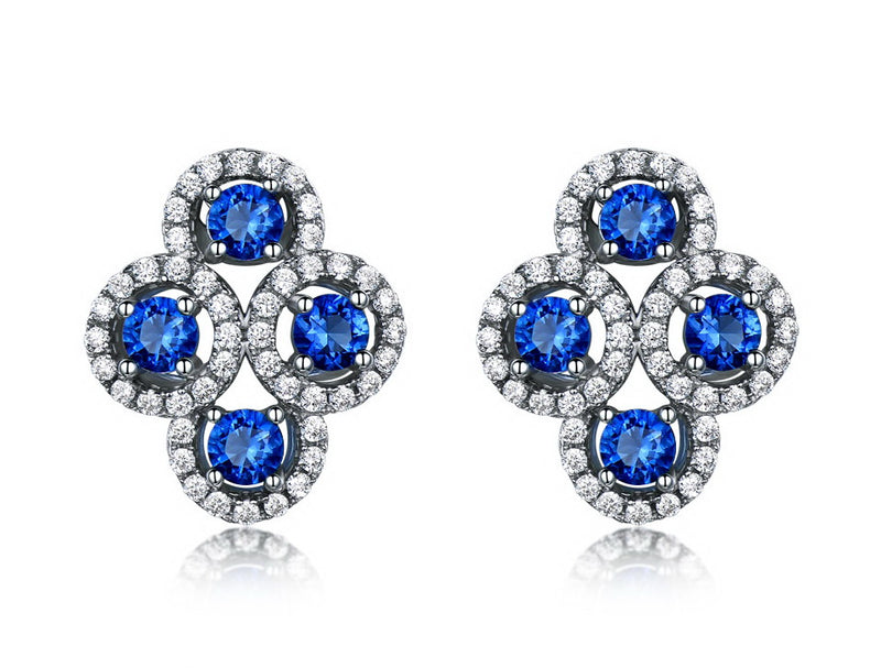 Four Round Circular Blue Sapphire Cubic Zirconia Sterling Silver Earrings