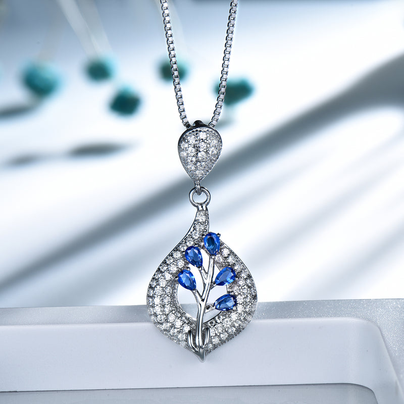 Double Pear Tree Sapphire Blue Cubic Zirconia Pendant Necklace, Sterling Silver