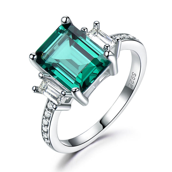 Octagonal Step-Cut 9 x 7 Emerald Green Cubic Zirconia Sterling Silver Ring