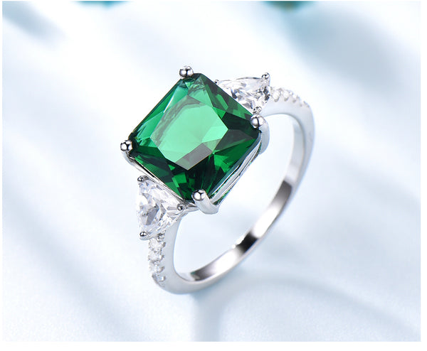Square Cushion Emerald Green Cubic Zirconia with Two Trillion Cuts, Sterling Silver Ring