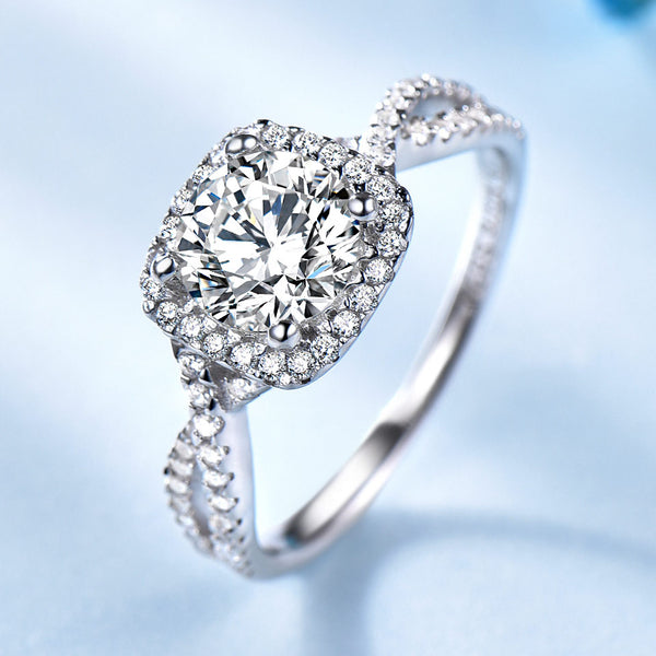 Round White Cubic Zirconia Halo Setting Sterling Silver Ring