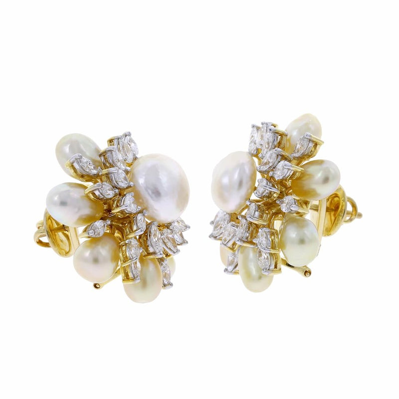 Semi-Circle Pearl and Diamond Earrings, 18K Yellow Gold