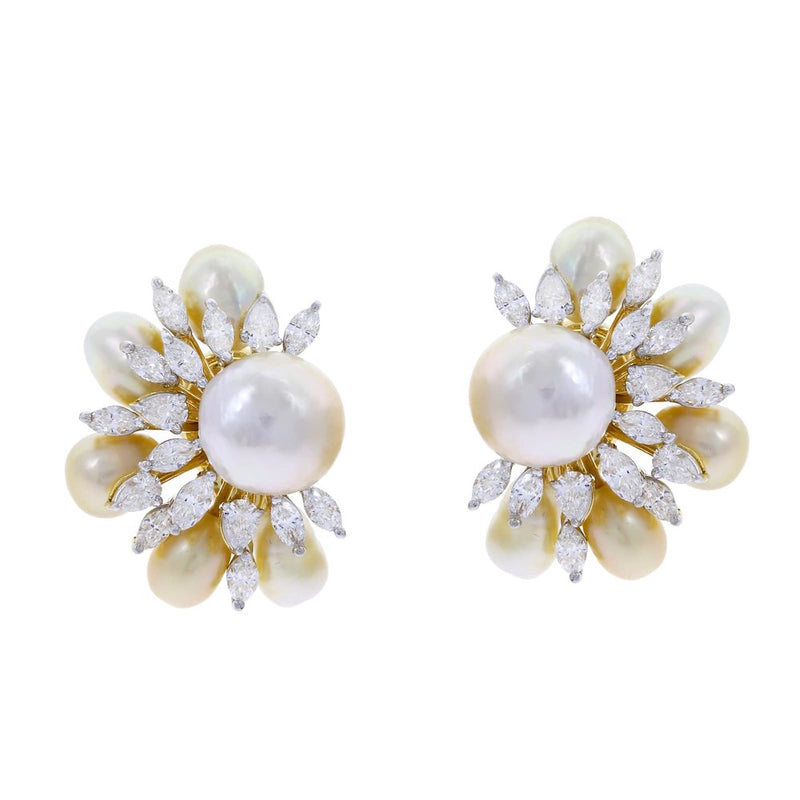 Semi-Circle Pearl and Diamond Earrings, 18K Yellow Gold
