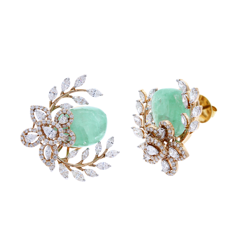 Emerald and Diamond Floral and Leaf Earrings, 18K Gold