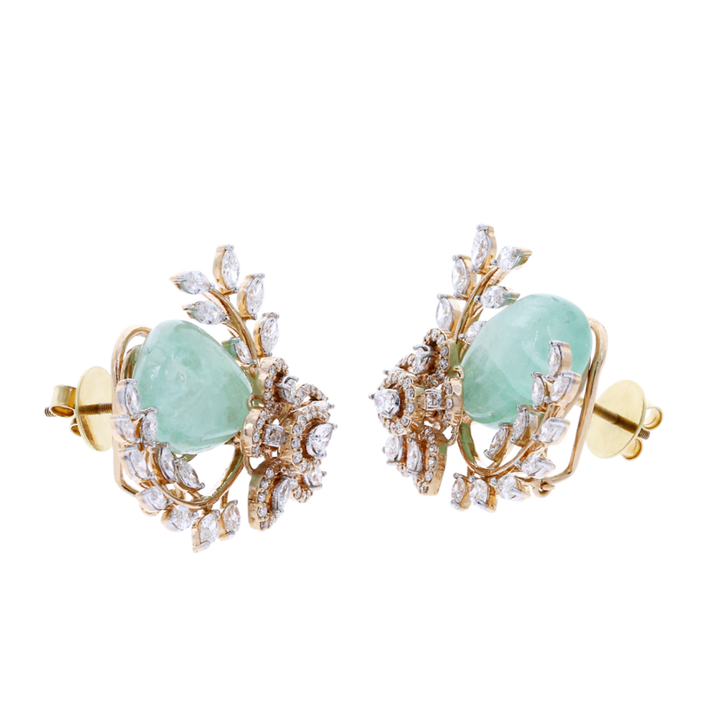 Emerald and Diamond Floral and Leaf Earrings, 18K Gold