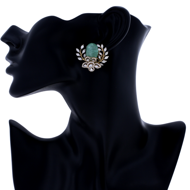 Emerald and Diamond Floral and Leaf Earrings, 18K Gold