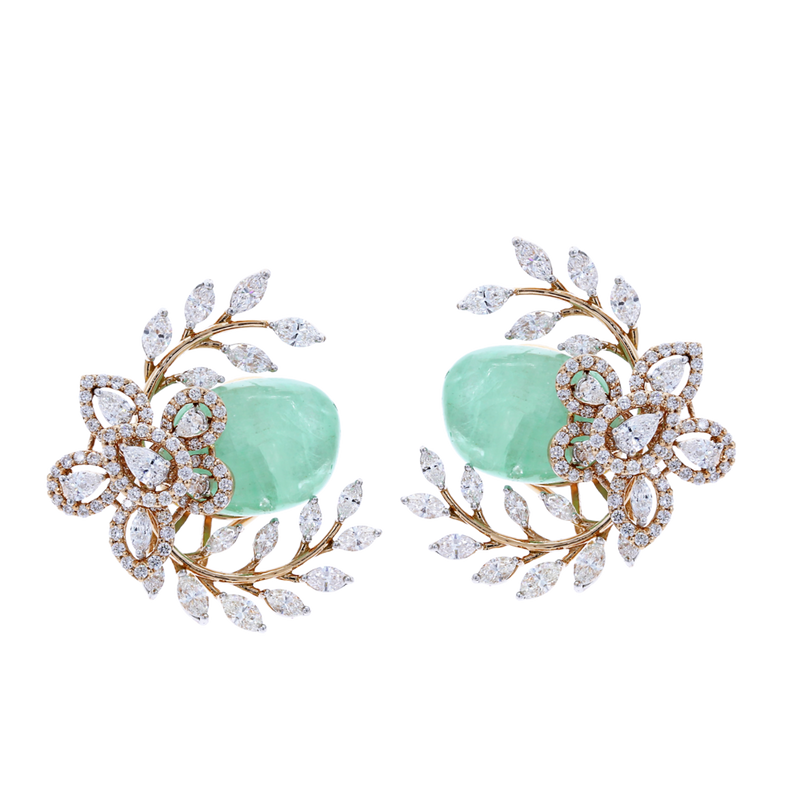 Emerald and Diamond Floral and Leaf Earrings, 18K Gold