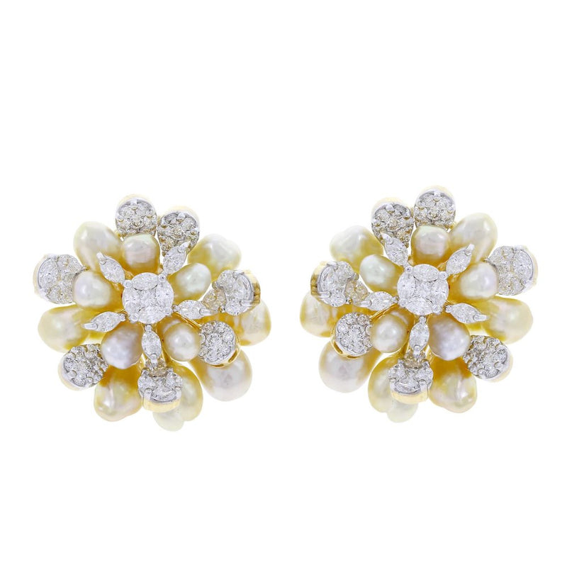 Cluster Pearl and Diamond Earrings, 18K Yellow Gold