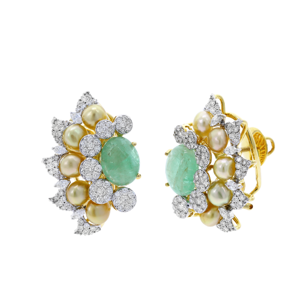 Curved Emerald, Diamond, and Pearl Earrings, 18K Gold