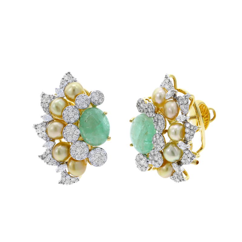 Curved Emerald, Diamond, and Pearl Earrings, 18K Gold