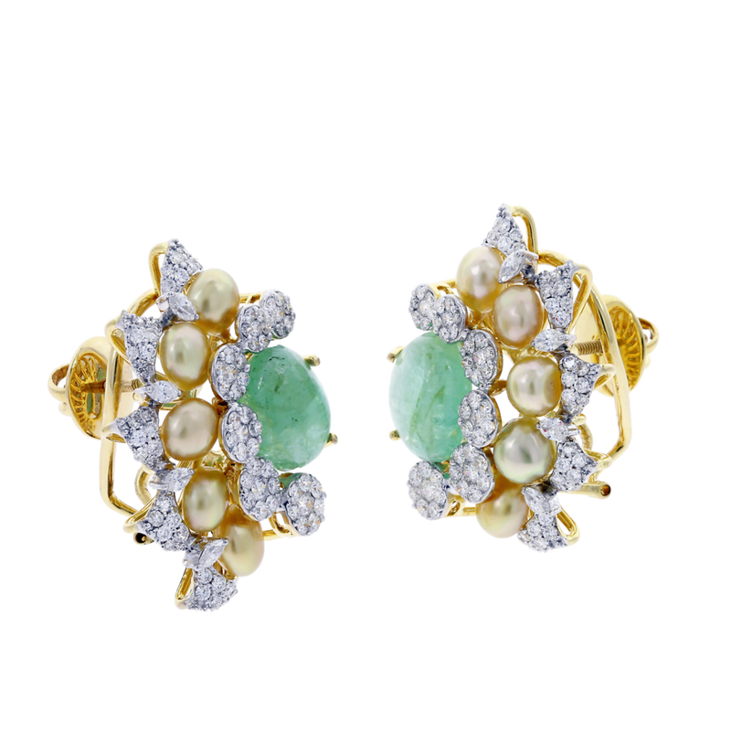 Curved Emerald, Diamond, and Pearl Earrings, 18K Gold