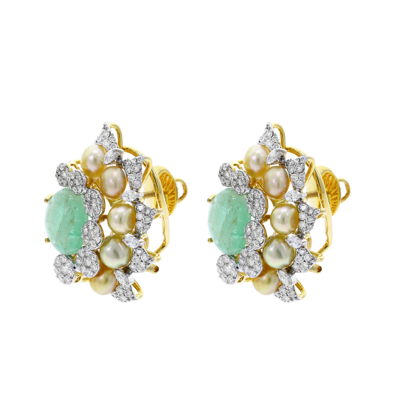 Curved Emerald, Diamond, and Pearl Earrings, 18K Gold