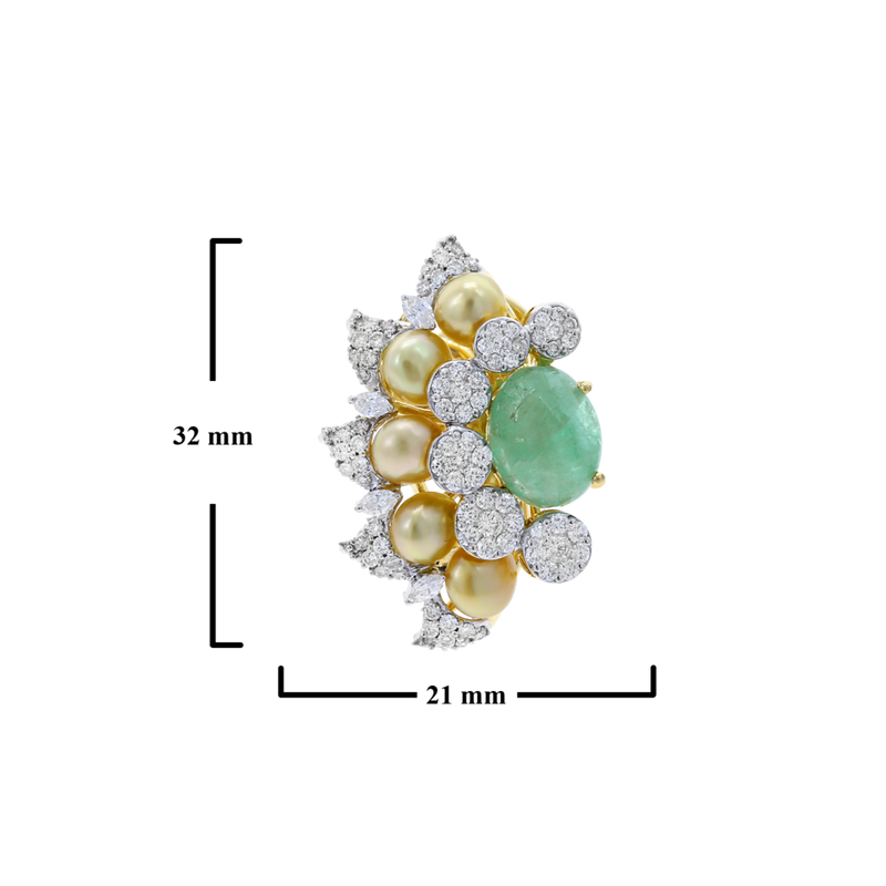 Curved Emerald, Diamond, and Pearl Earrings, 18K Gold