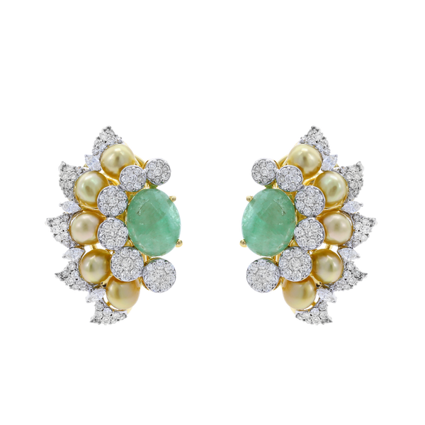 Curved Emerald, Diamond, and Pearl Earrings, 18K Gold