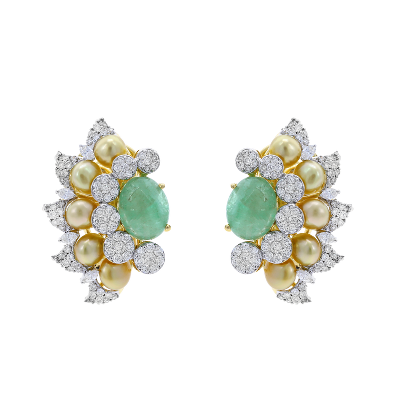 Curved Emerald, Diamond, and Pearl Earrings, 18K Gold