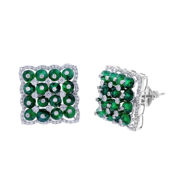 Square Emerald Earrings with Diamonds, 18K White Gold