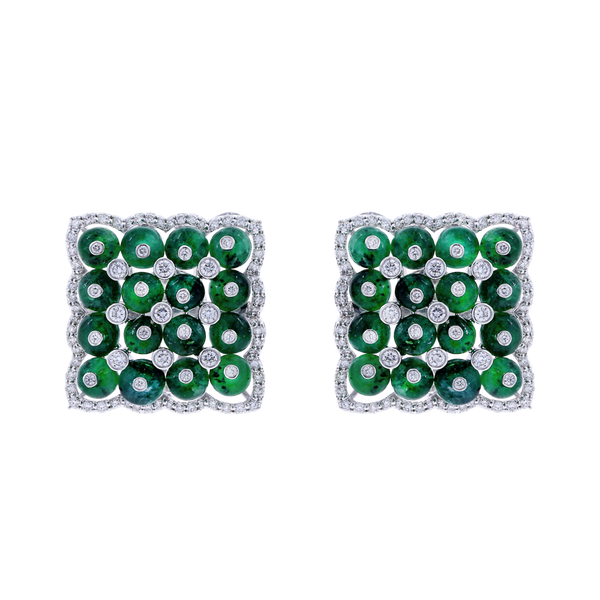 Square Emerald Earrings with Diamonds, 18K White Gold