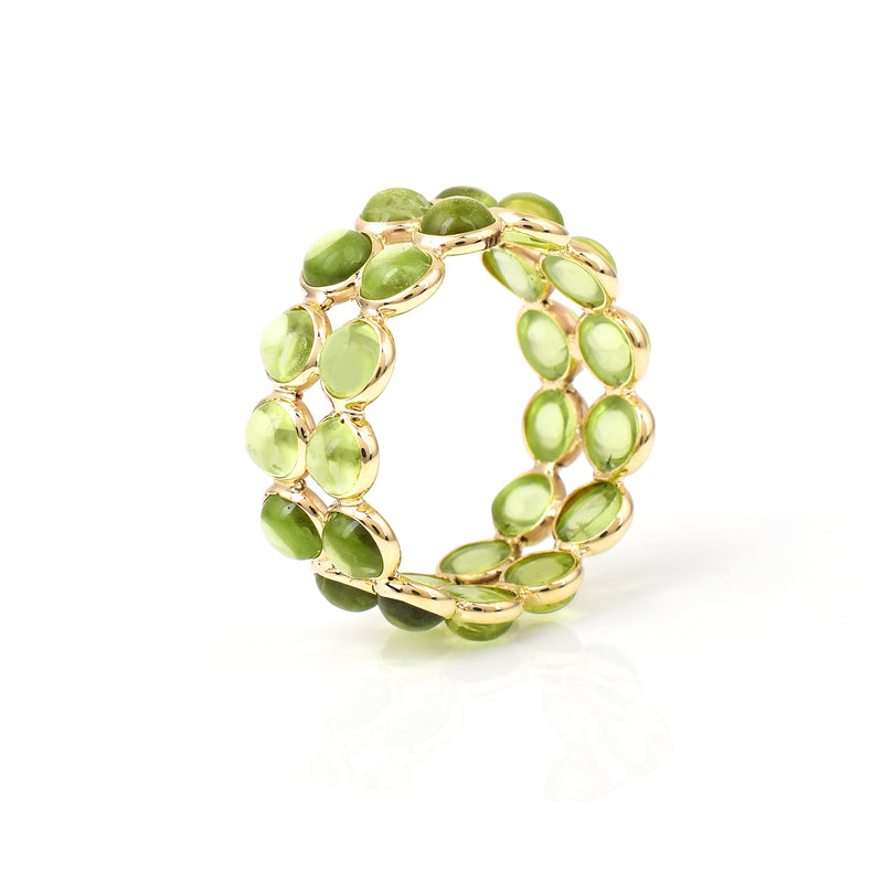 Peridot Round Cabochon Double Line Band, Yellow Gold