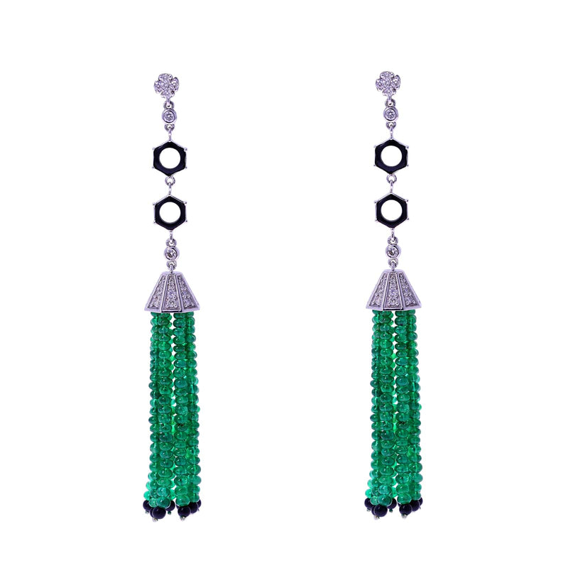 Emerald Beads Tassel Earrings with Diamonds and Onyx, 18k