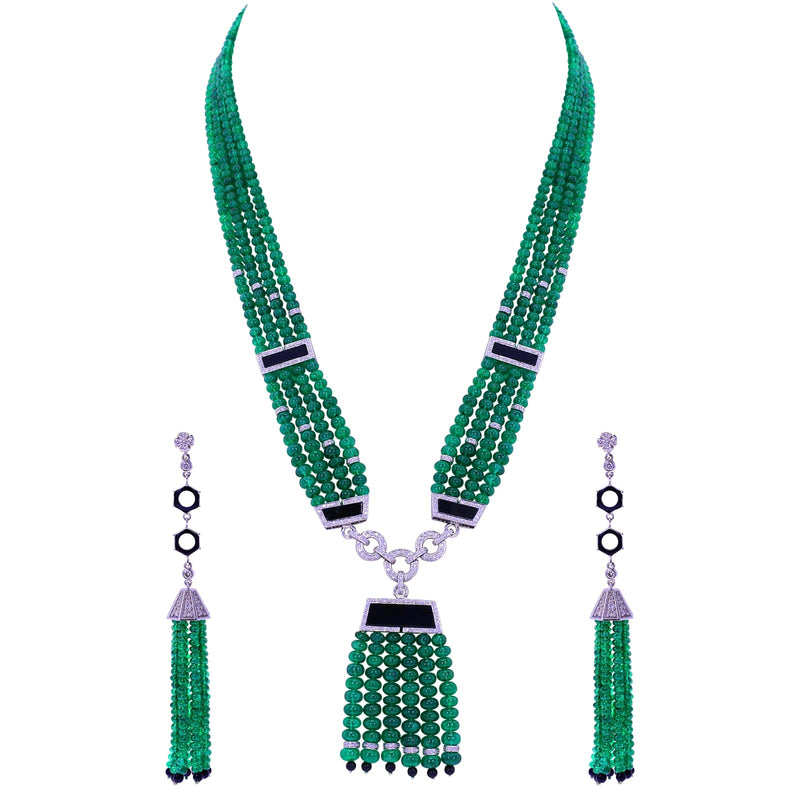 Emerald Beads and Diamond Necklace with Onyx