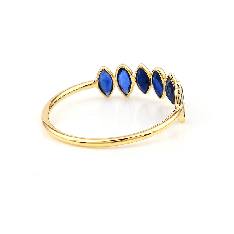 Seven Blue Sapphire Marquise Shape Ring Band, 18k Yellow Gold