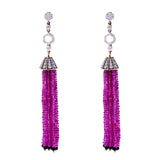 Ruby Beads Tassel Earrings with Diamonds and Onyx, 18k