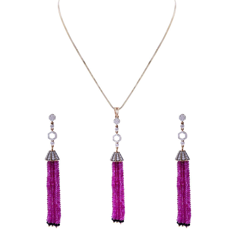 Ruby Beads Tassel Earrings with Diamonds and Onyx, 18k