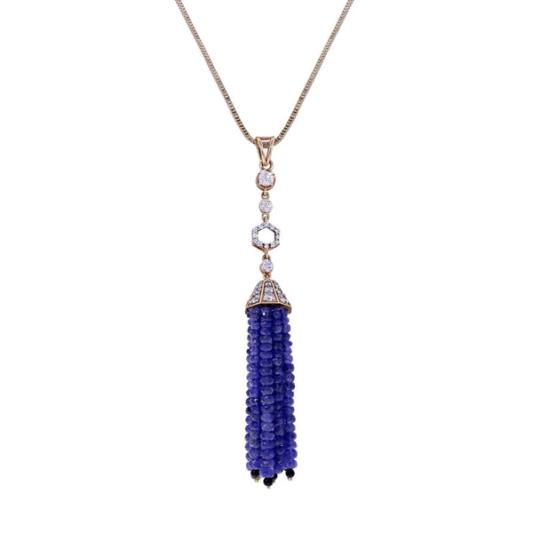Sapphire Beads Tassel Pendant with Onyx and Diamonds, 18k