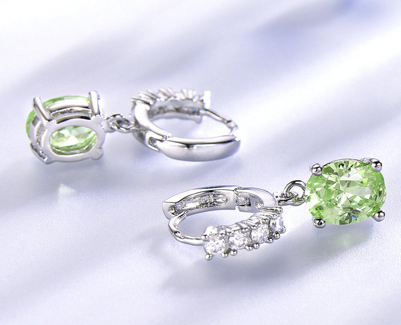 Dangling Oval Peridot Green Cubic Zirconia Sterling Silver Earrings