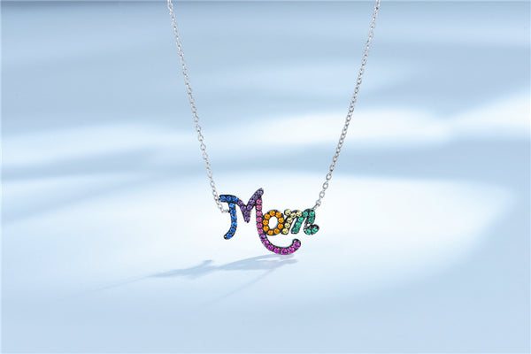 MOM Rainbow Cubic Zirconia Pendant Necklace, Sterling Silver