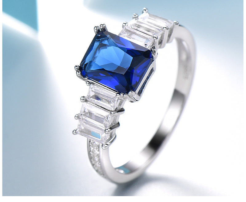 Rectangular Sapphire Blue Cubic Zirconia Three Side Stones Sterling Silver Ring