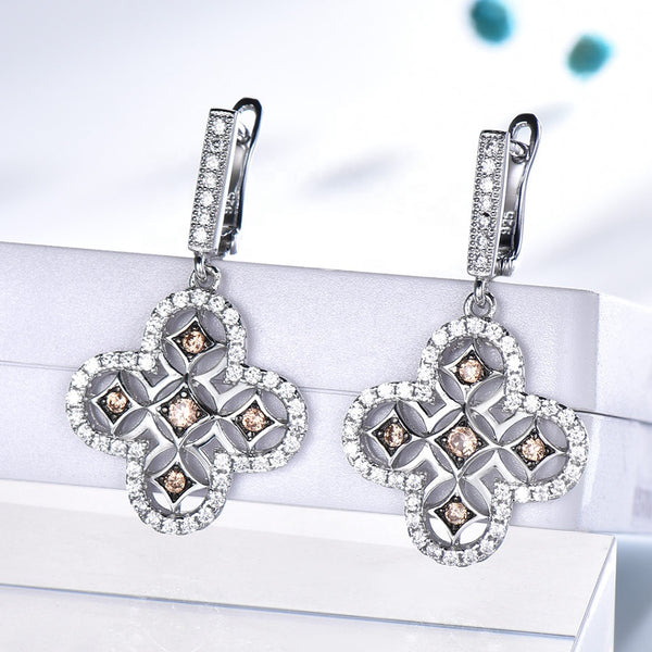 Clover Brown Champagne Clover Cubic Zirconia Sterling Silver Earrings