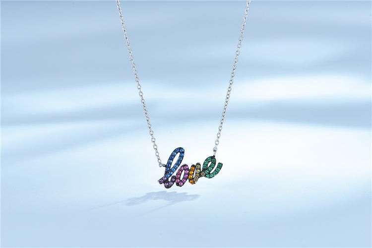 LOVE Rainbow Cubic Zirconia Pendant Necklace, Sterling Silver