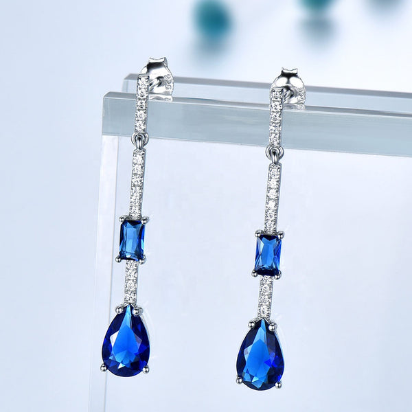 Dangling Pear Shape Blue Cubic Zirconia Sterling Silver Earrings