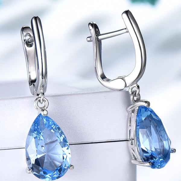 Dangling Pear Aquamarine Sky Blue Cubic Zirconia Sterling Silver Earrings