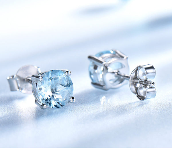 Round Aquamarine Sky Blue Cubic Zirconia Sterling Silver Earrings