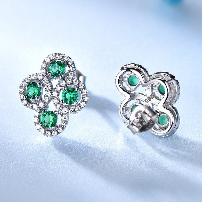 Four Round Circular Emerald Green Cubic Zirconia Sterling Silver Earrings