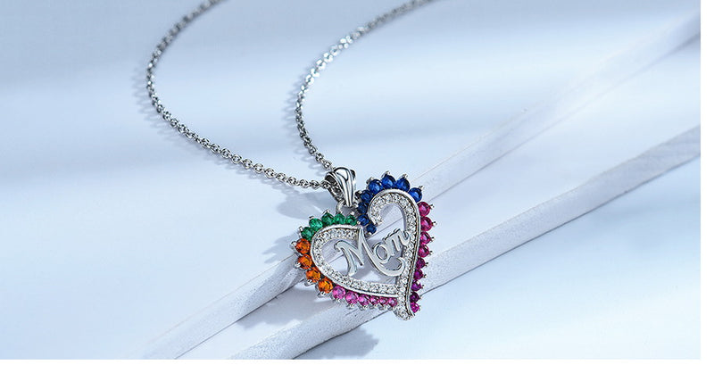 MOM Heart Rainbow Cubic Zirconia Pendant Necklace, Sterling Silver