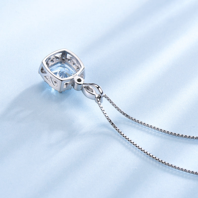 Round Halo-Set Aquamarine Sky Blue Cubic Zirconia Pendant Necklace, Sterling Silver