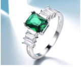 Rectangular Emerald Green Cubic Zirconia Three Side Stones Sterling Silver Ring