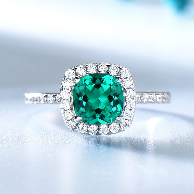 Emerald Green Cushion Cubic Zirconia Sterling Silver Ring