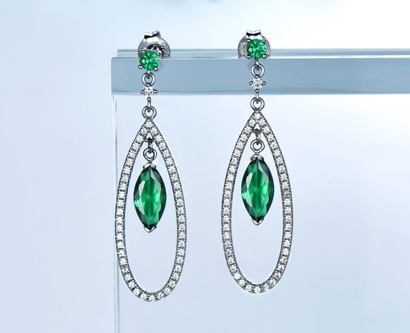 Dangling Round and Marquise Emerald Green Cubic Zirconia Sterling Silver Earrings
