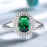 Oval 6 x 8 Emerald Green Cubic Zirconia Double Halo Split Shank Sterling Silver Ring