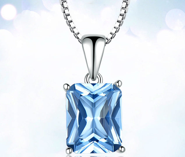 Rectangular Aquamarine Sky Blue Cubic Zirconia Pendant Necklace, Sterling Silver